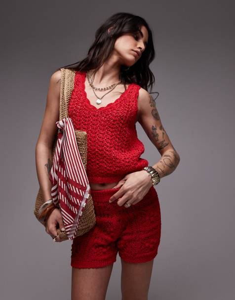 Pantalones cortos rojos con patrón calado de punto de Topshop (parte de un conjunto) - view 1