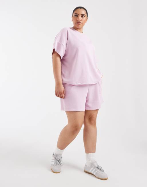 Conjunto rosa claro de pantalones cortos de talle alto y camiseta de corte cuadrado de tejido de sudadera de Pieces Curve, 2 de 2