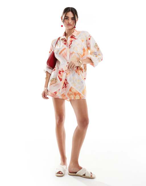 Pantalones cortos sin cierres con estampado de postales de mezcla de lino de Miss Selfridge (parte de un conjunto)