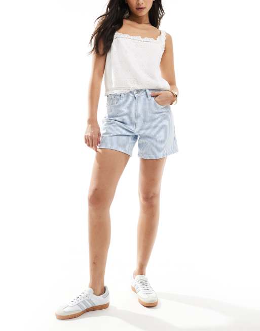 Pantalones cortos vaqueros a rayas azules de corte dad y talle alto de Abercrombie & Fitch