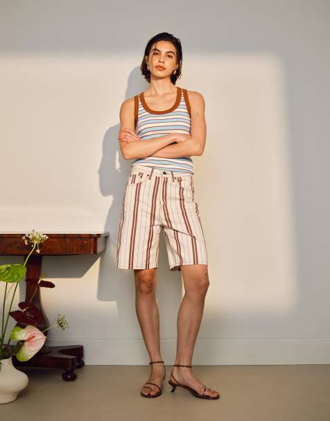Pantalones cortos vaqueros a rayas burdeos de corte suelto alargado de Topshop - view 1