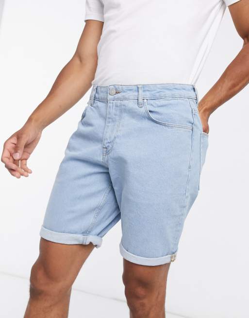 Pantalones cortos vaqueros azul claro lavado de corte slim elástico y largo medio de ASOS DESIGN, 3 de 4