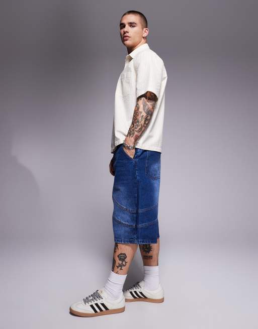 Pantalones cortos vaqueros azul lavado de corte alargado con detalle de costura de Courtside, 3 de 5
