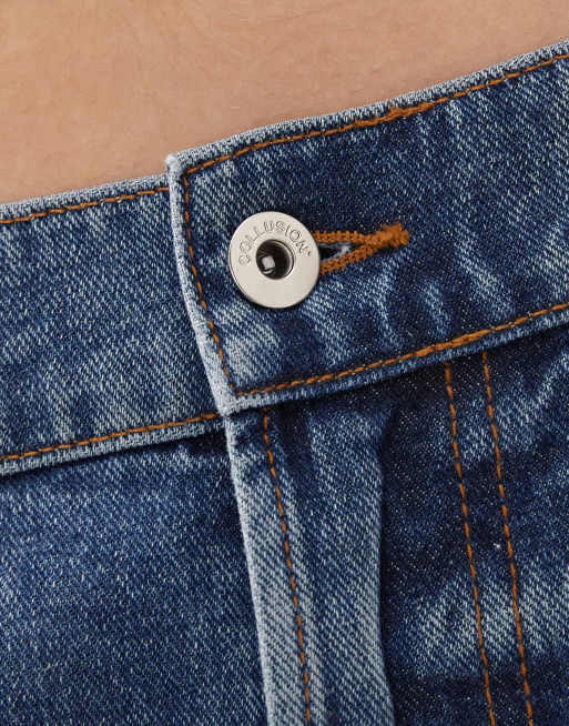 Pantalones cortos vaqueros azul medio de corte alargado con costuras en contraste de COLLUSION, 4 de 5
