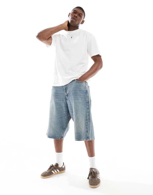 Pantalones cortos vaqueros azules de corte skater con lavado envejecido Ron de Jack & Jones 