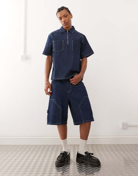 Pantalones cortos vaqueros azules de estilo carpintero con raya diplomática de Reclaimed Vintage (parte de un conjunto) - view 1