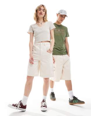 Pantalones cortos vaqueros color crudo unisex de corte alargado estilo carpintero de Reclaimed Vintage