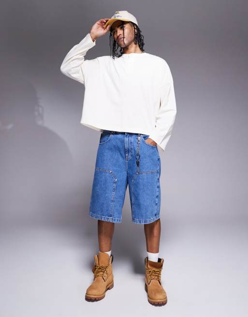 Pantalones cortos vaqueros de corte alargado con detalle de estilo carpintero de ASOS DESIGN