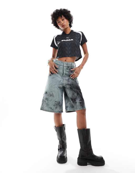 Pantalones cortos vaqueros de corte skater alargado con efecto tie dye negro de COLLUSION