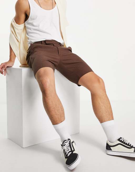 Pantalones cortos verdes de vestir de corte slim de lino arrugado de ASOS DESIGN