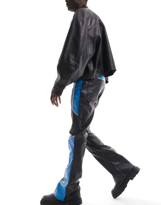 Pantalones de campana azules con diseño color block de tejido efecto cuero de ASOS DESIGN