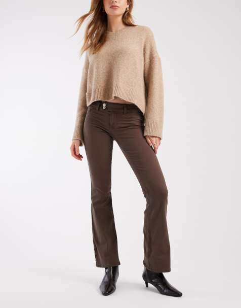 Pantalones de campana marrón chocolate elásticos con detalle de botón y solapa de ASOS DESIGN - view 1