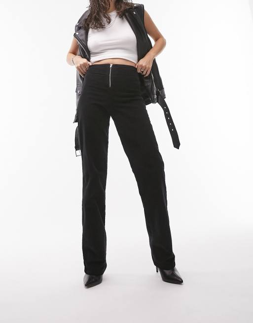 Pantalones de campana negros con cremallera delantera de pana fina de Topshop