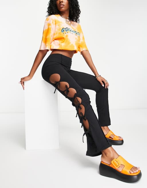 Pantalones de campana negros con lazadas en los laterales de COLLUSION 