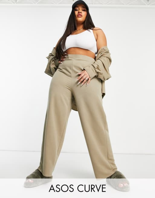 Pantalones de chándal verde musgo estilo traje de corte ancho en punto de ASOS DESIGN Curve