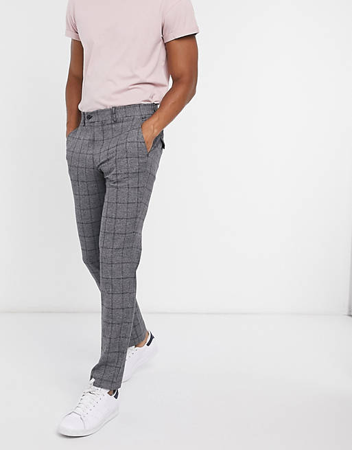 Pantalones de corte slim con diseño de cuadros en gris oscuro de Selected Homme