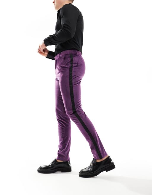 Pantalones de esmoquin morado de corte pitillo de terciopelo de ASOS DESIGN