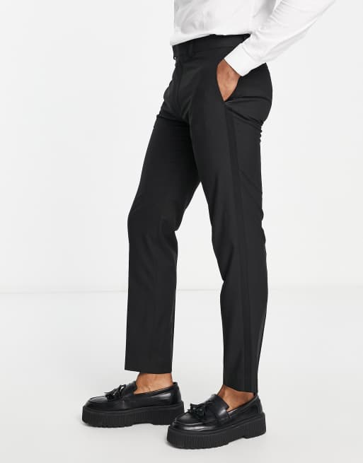 Pantalones de esmoquin negros de corte slim con banda lateral de satén de ASOS DESIGN, 4 de 4