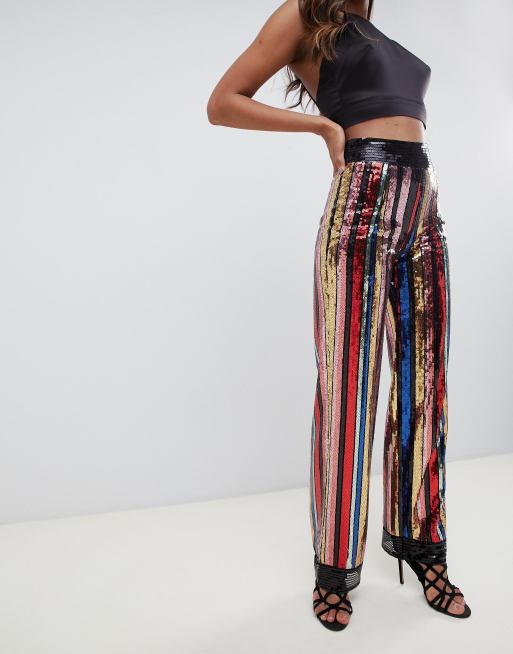 Americana y pantalones de pernera ancha con lentejuelas y estampado de rayas arcoíris de Starlet, 3 de 3