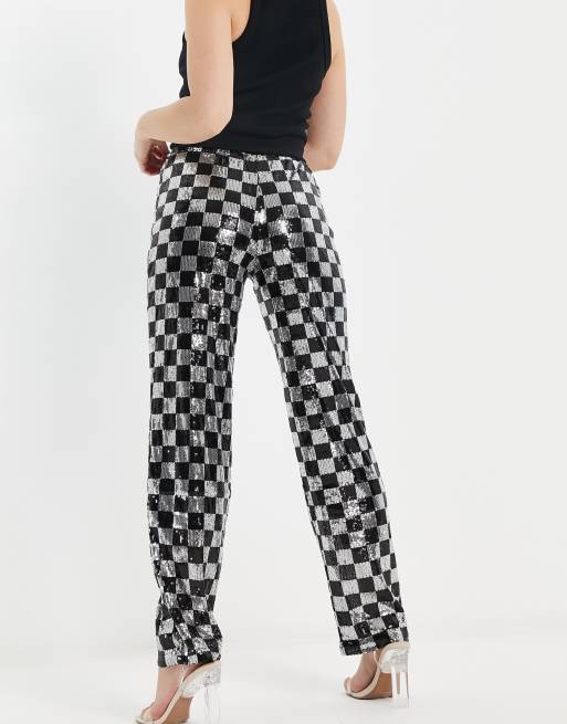 Pantalones de pernera recta a cuadros dameros de lentejuelas de Noisy May (parte de un conjunto), 3 de 4