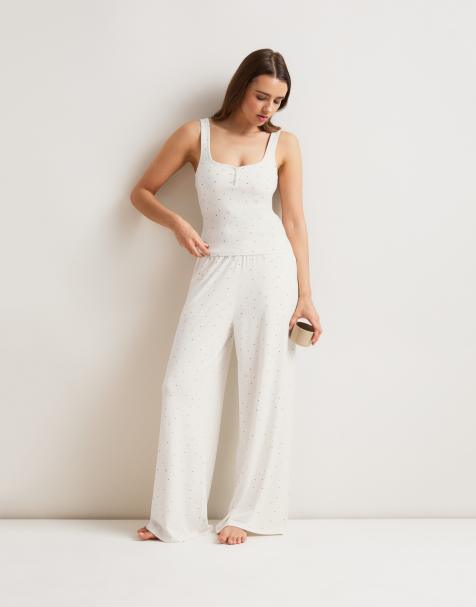 Pantalones de pijama blanco marfil de pernera ancha con cordón ajustable de pointelle Soft Lounge de Tala - view 1