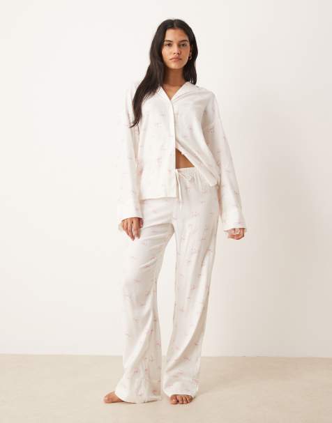 Pantalones de pijama blancos con estampado de lazos rosas de franela Mix & Match de Gina Tricot - view 1