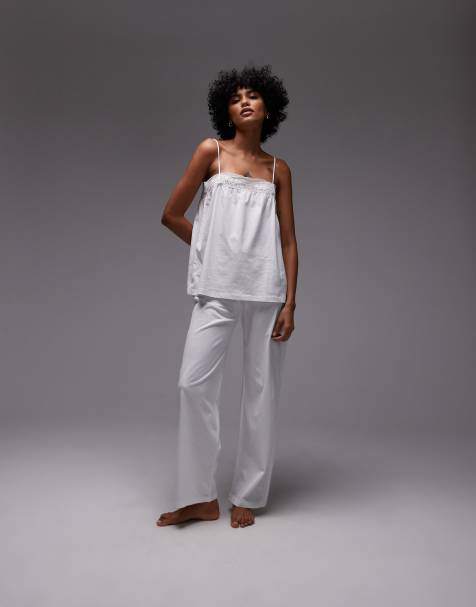 Pantalones de pijama blancos de pernera ancha de algodón con ribete de encaje Mix & Match de Mango - view 1
