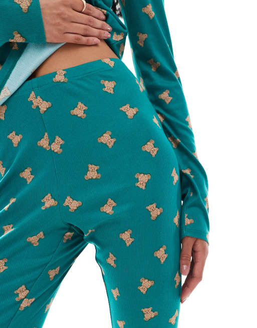 Pantalones de pijama color cerceta con estampado de osos de peluche de canalé de Urban Threads, 2 de 4