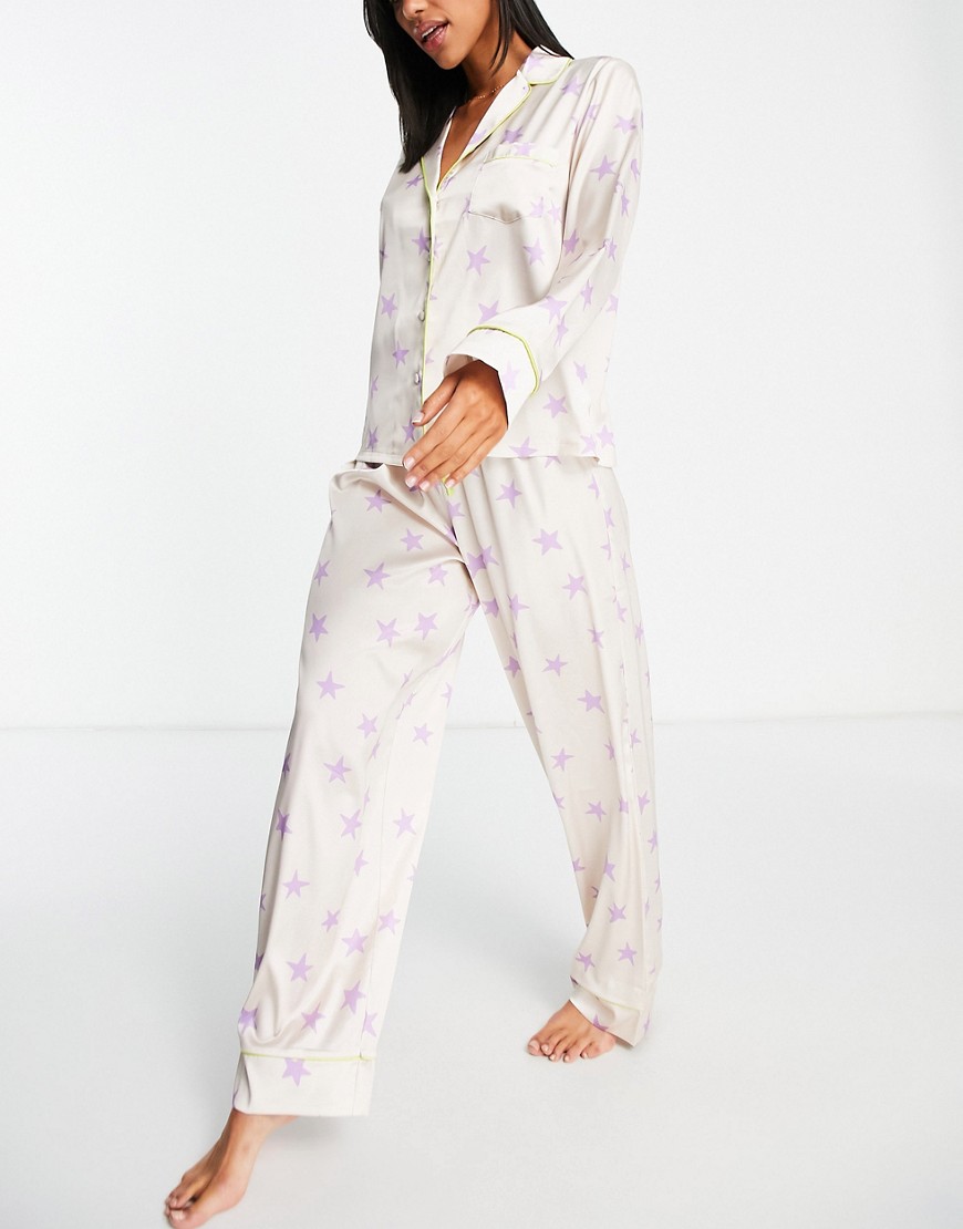 Pantalones De Pijama Color Champán Con Estampado De Estrellas De Satén Mix & Match De Asos Design-Blanco