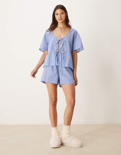 Pantalones de pijama cortos azules estilo bóxer a cuadros vichy de Luna - view 1