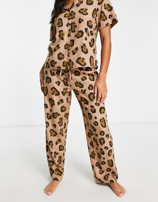 Pantalones de pijama marrones con estampado de leopardo de modal Mix & Match de ASOS DESIGN