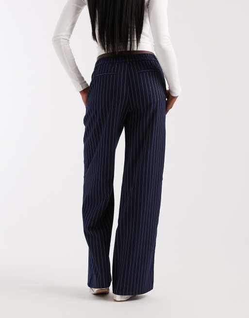 Pantalones de sastre azul marino y blanco a rayas de pernera ancha de Object, 3 de 5