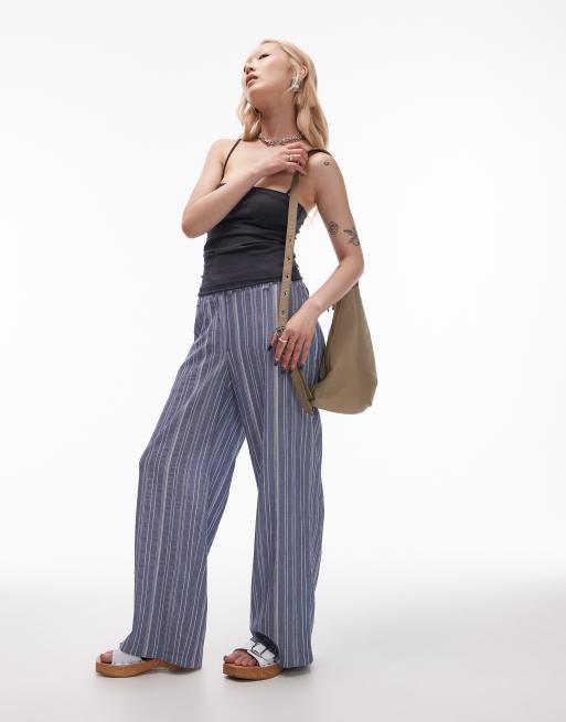 Pantalones de sastre azules a rayas de tiro caído de Topshop Petite