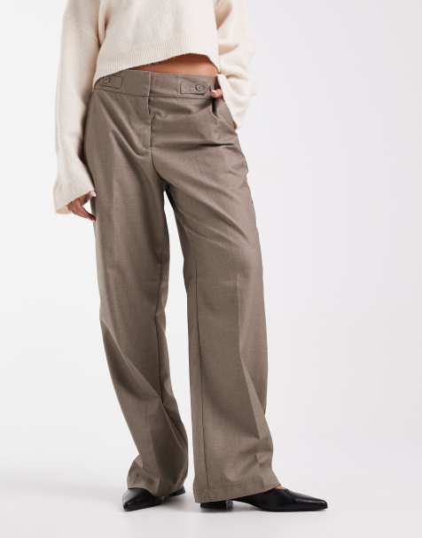 Pantalones de sastre beis melange de pernera ancha con raya delantera y cinturilla ajustable con botones de Vero Moda - view 1