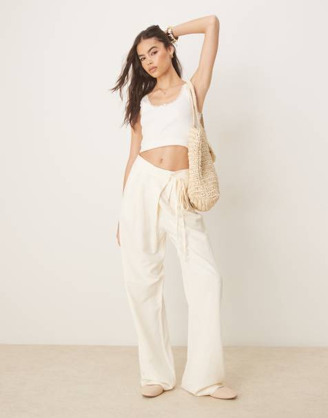 Pantalones de sastre blanco marfil con detalle cruzado anudado de lino de ASOS DESIGN Tall - view 1