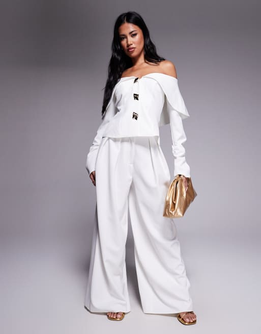 Pantalones de sastre blanco marfil de pernera ancha de ASOS LUXE (parte de un conjunto)