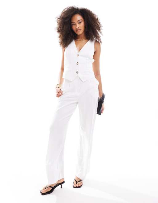 Pantalones de sastre blancos de pernera ancha y talle alto con detalle de costuras de lino de ASOS DESIGN