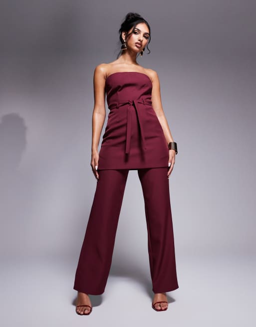 Pantalones de sastre burdeos de pernera ancha con lazada en la cintura exclusivos de Kaiia (parte de un conjunto)