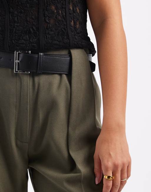 Pantalones de sastre caqui de talle alto y pernera recta con cinturón de ASOS DESIGN , 4 de 5