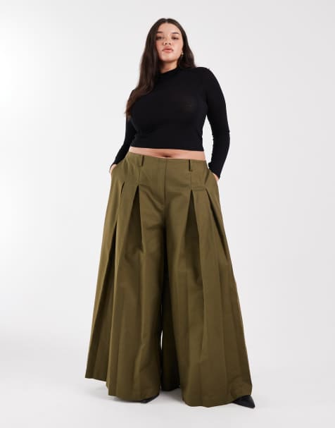 Pantalones de sastre caquis de pernera ancha con pinzas de ASOS DESIGN Curve - view 1