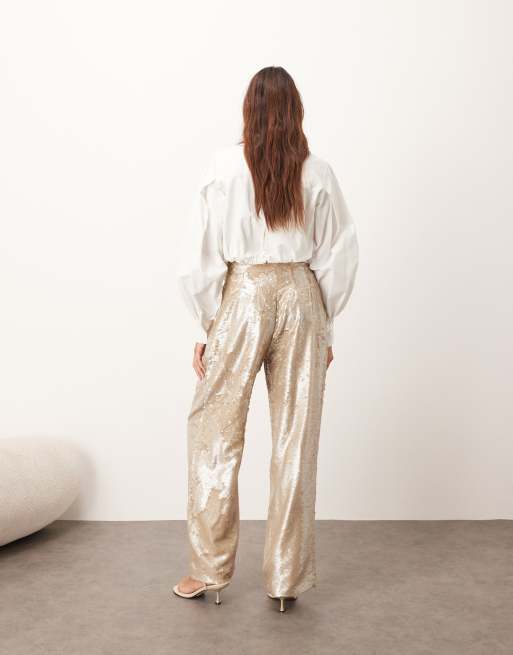 Pantalones de sastre color crema de pernera recta de lentejuelas de ARRANGE, 4 de 5