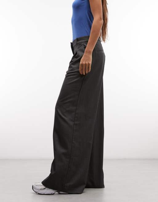 Pantalones de sastre gris oscuro melange de talle alto y pernera ancha de Monki, 2 de 5