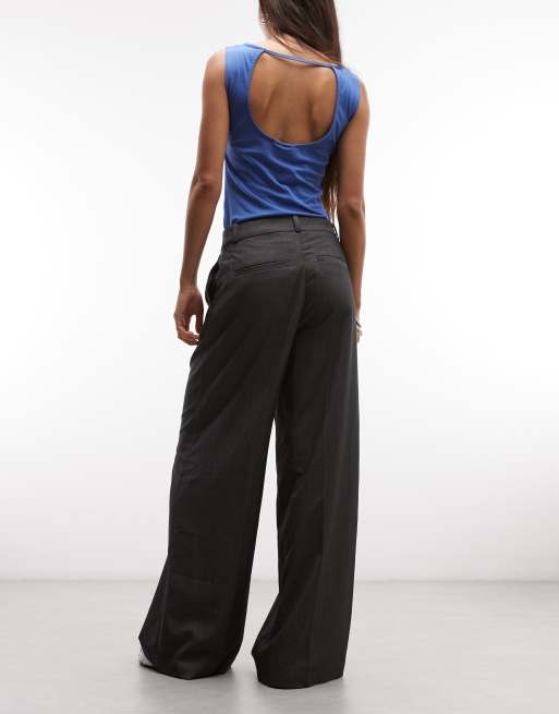 Pantalones de sastre gris oscuro melange de talle alto y pernera ancha de Monki, 3 de 5