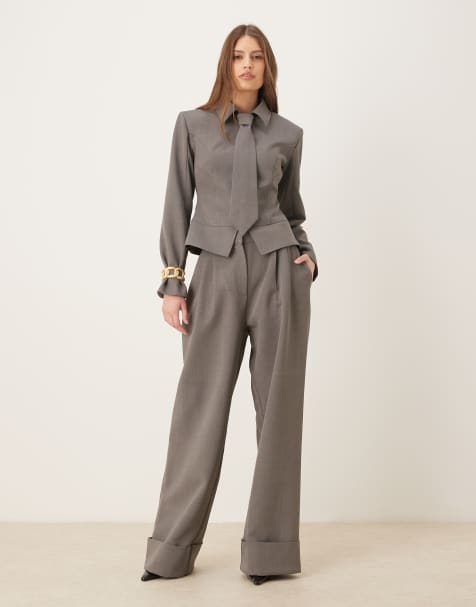 Pantalones de sastre grises de pernera ancha con bajos vueltos Gabriella exclusivos de Wanderdoll (parte de un conjunto) - view 1