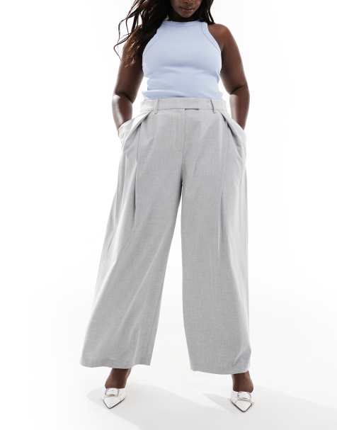 Pantalones de sastre grises de pernera ancha con detalle de pliegue cruzado de ASOS DESIGN Curve - view 1