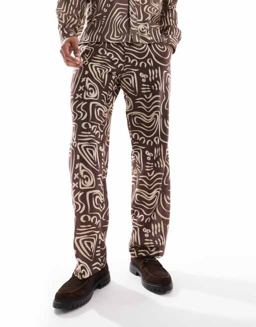 Pantalones de sastre marrón oscuro holgados con estampado abstracto de Viggo (parte de un conjunto), 5 de 5