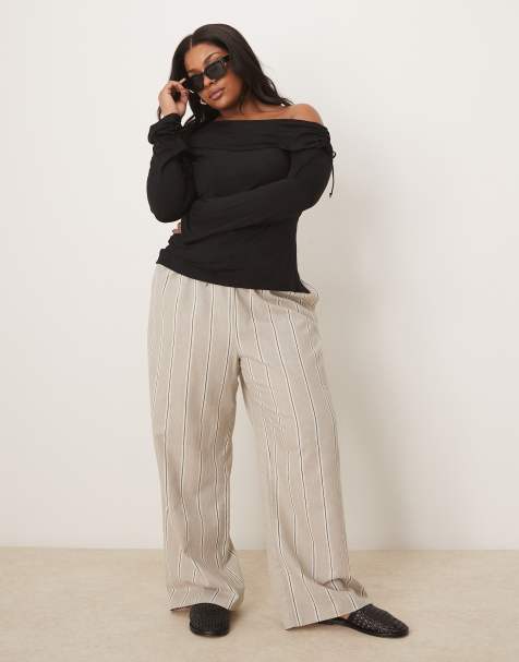 Pantalones de sastre marrón topo a rayas sin cierres con lazada en la cintura de tejido efecto lino de ASOS DESIGN Curve - view 1