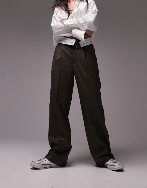 Pantalones de sastre marrones de talle bajo y corte masculino con cinturilla vuelta de Topshop - view 1