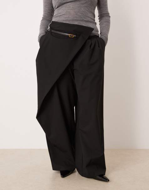 Pantalones de sastre negros de pernera ancha con diseño cruzado y cinturón de ASOS DESIGN Curve - view 1