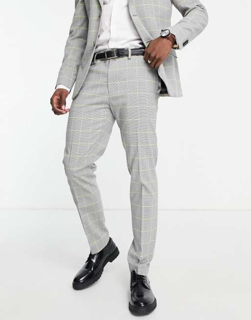 Pantalones de traje a cuadros grises y color lima de corte pitillo de Topman